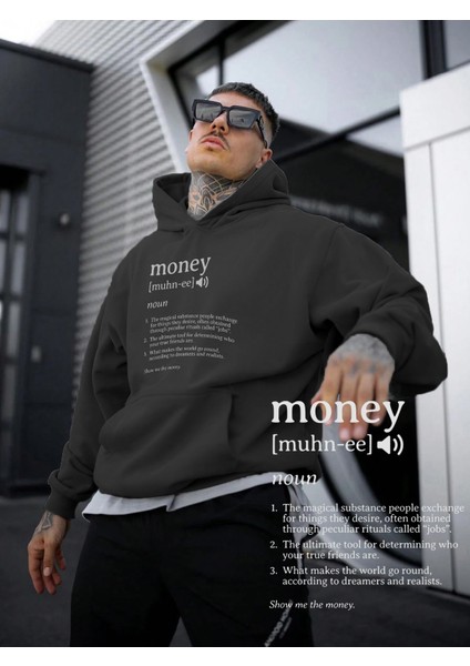 Kadın, Erkek Sweatshirt Oversize Money Definition Baskılı Kalın Siyah Sevgili Sweatshirt