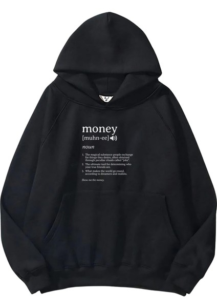 Kadın, Erkek Sweatshirt Oversize Money Definition Baskılı Kalın Siyah Sevgili Sweatshirt