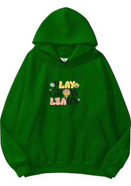 Kadın, Erkek Sweatshirt Oversize Play Grow Learn Kids S Baskılı Kalın Yeşil Sevgili Sweatshirt