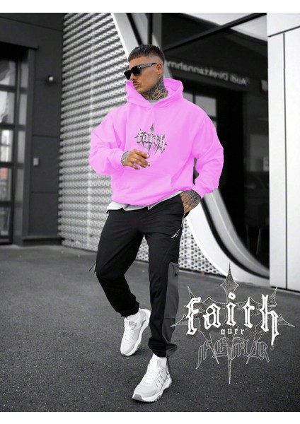 Kadın, Erkek Sweatshirt Oversize Faith Over Fear Dark Cross Baskılı Kalın Pembe Sevgili Sweatshirt