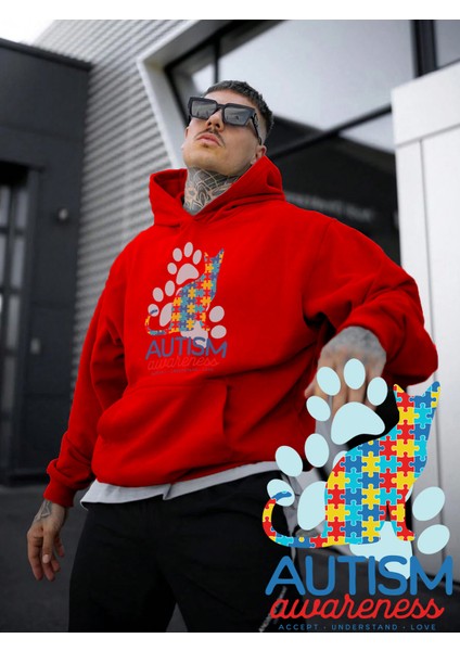 Kadın, Erkek Sweatshirt Oversize Pet In Puzzles Baskılı Kalın Kırmızı Sevgili Sweatshirt