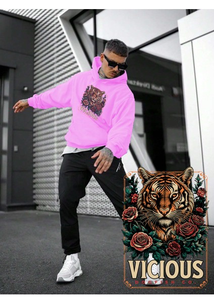 Kadın, Erkek Sweatshirt Oversize Vicious Rebel Wear Baskılı Kalın Pembe Sevgili Sweatshirt