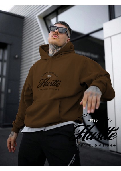 Kadın, Erkek Sweatshirt Oversize Hustle Baskılı Kalın Kahverengi Sevgili Sweatshirt