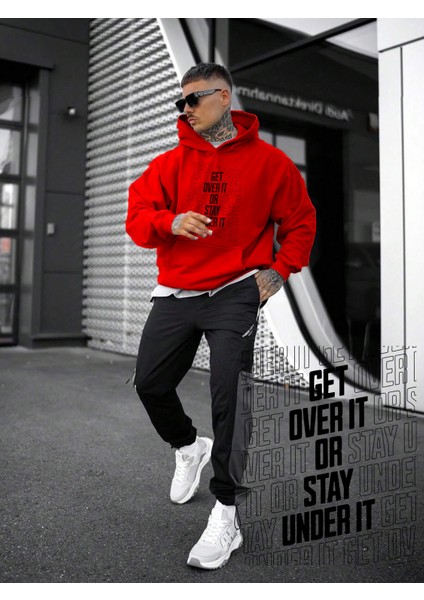 Kadın, Erkek Sweatshirt Oversize Get Over It Baskılı Kalın Kırmızı Sevgili Sweatshirt