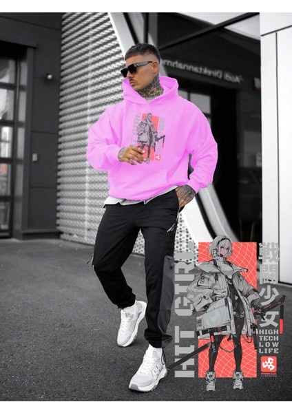 Kadın, Erkek Sweatshirt Oversize Light Version Baskılı Kalın Pembe Sevgili Sweatshirt