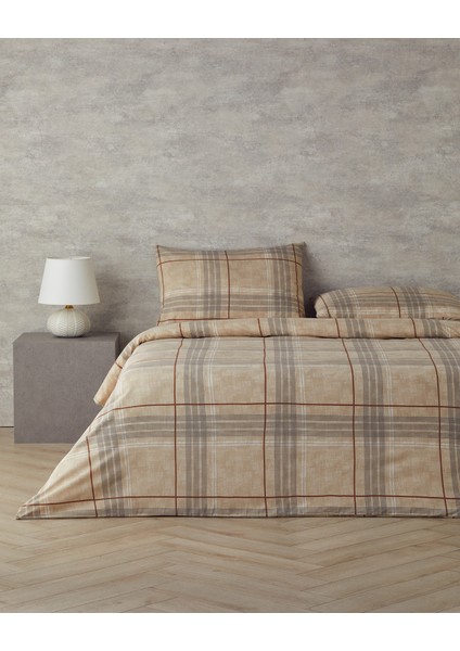 Natural Plaid Kolay Ütülenir Çift Kişilik Nevresim Takımı 200X220 cm Koyu Bej