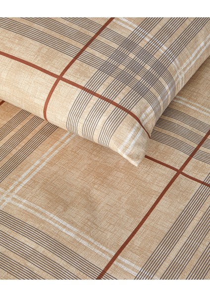 Natural Plaid Kolay Ütülenir Çift Kişilik Nevresim Takımı 200X220 cm Koyu Bej