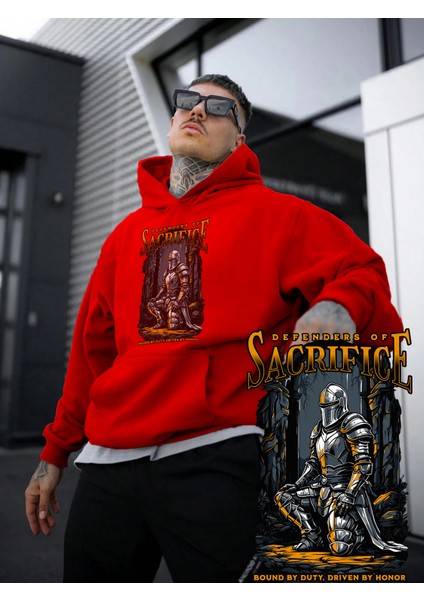 Kadın, Erkek Sweatshirt Oversize Defenders Sacrifice Baskılı Kalın Kırmızı Sevgili Sweatshirt