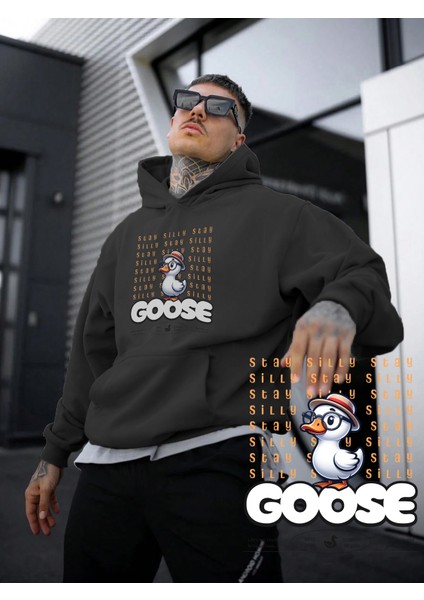 Kadın, Erkek Sweatshirt Silly Goose Funny Cartoon Baskılı Kalın Siyah Sevgili Sweatshirt