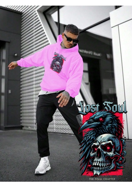 Kadın, Erkek Sweatshirt Oversize Lost Soul Baskılı Kalın Pembe Sevgili Sweatshirt