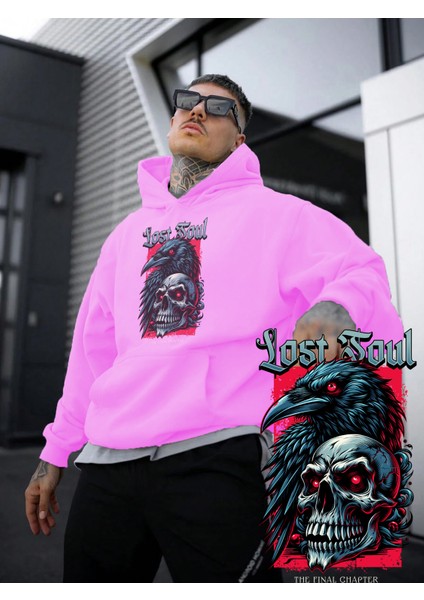 Kadın, Erkek Sweatshirt Oversize Lost Soul Baskılı Kalın Pembe Sevgili Sweatshirt