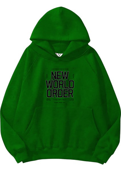 Kadın, Erkek Sweatshirt Oversize New World Order Baskılı Kalın Yeşil Sevgili Sweatshirt