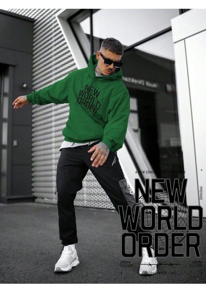 Kadın, Erkek Sweatshirt Oversize New World Order Baskılı Kalın Yeşil Sevgili Sweatshirt