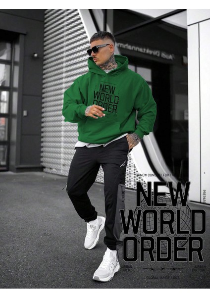 Kadın, Erkek Sweatshirt Oversize New World Order Baskılı Kalın Yeşil Sevgili Sweatshirt