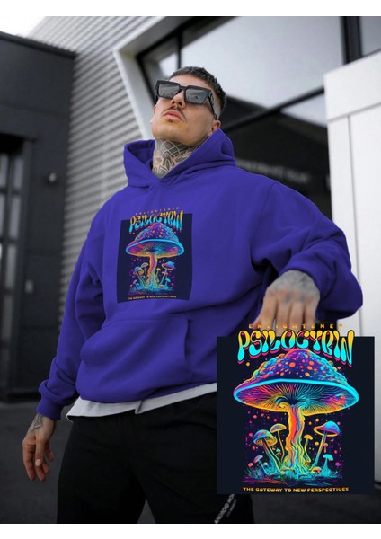 Kadın, Erkek Sweatshirt Oversize Psilocybin Baskılı Kalın Mor Sevgili Sweatshirt