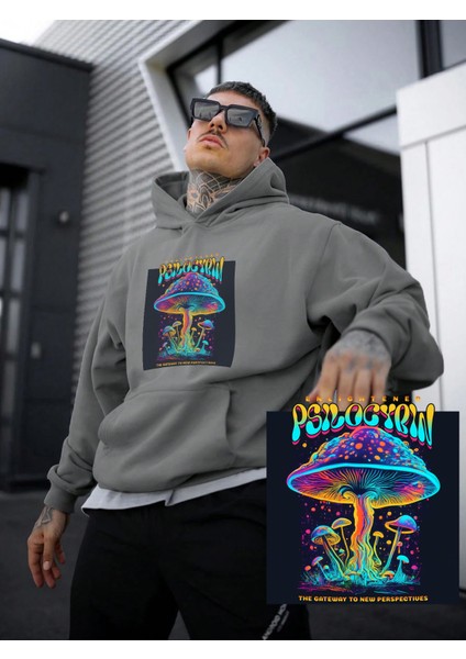 Kadın, Erkek Sweatshirt Oversize Psilocybin Baskılı Kalın Gri Sevgili Sweatshirt