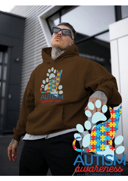 Kadın, Erkek Sweatshirt Oversize Pet In Puzzles Baskılı Kalın Kahverengi Sevgili Sweatshirt