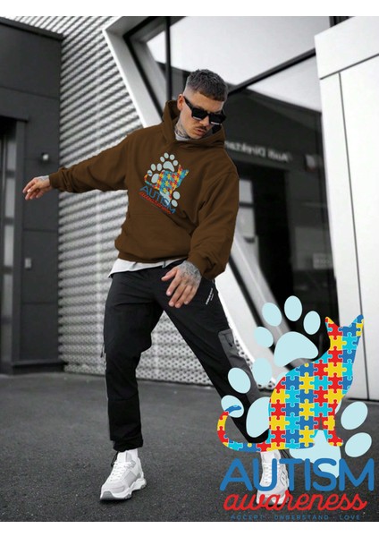 Kadın, Erkek Sweatshirt Oversize Pet In Puzzles Baskılı Kalın Kahverengi Sevgili Sweatshirt