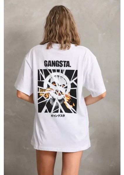 Unisex Baskılı Oversize T-Shirt - Beyaz