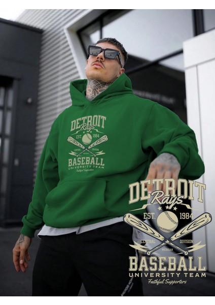 Kadın, Erkek Sweatshirt Oversize Detroit Rays Baskılı Kalın Yeşil Sevgili Sweatshirt