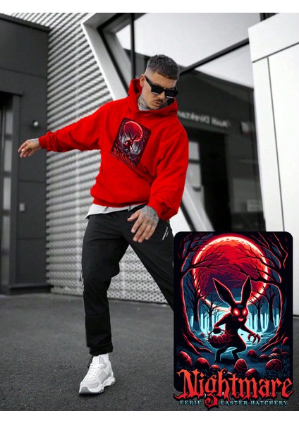 Kadın, Erkek Sweatshirt Oversize Nightmare Eerie Baskılı Kalın Kırmızı Sevgili Sweatshirt