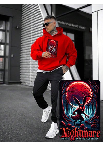 Kadın, Erkek Sweatshirt Oversize Nightmare Eerie Baskılı Kalın Kırmızı Sevgili Sweatshirt fiyatları