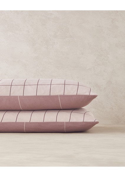 Plain Check Kolay Ütülenir 2'li Yastık Kılıfı 50X70 cm Açık Mürdüm