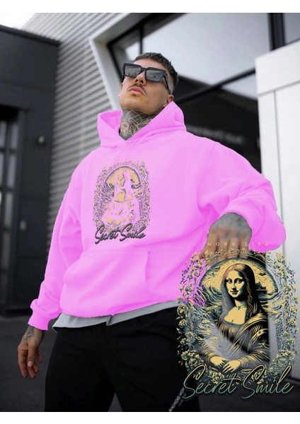 Kadın, Erkek Sweatshirt Oversize Secret Smile Baskılı Kalın Pembe Sevgili Sweatshirt