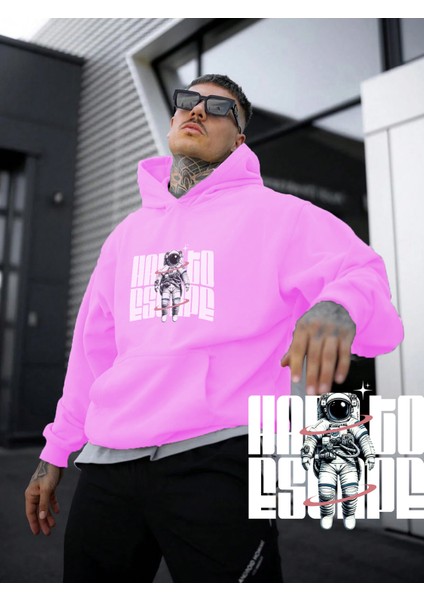 Kadın, Erkek Sweatshirt Oversize Hard To Escape Baskılı Kalın Pembe Sevgili Sweatshirt