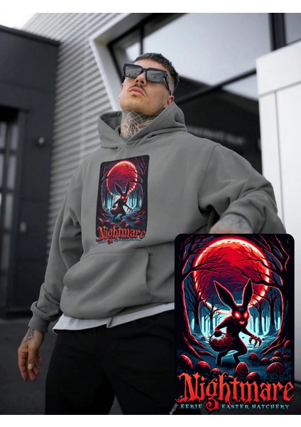 Kadın, Erkek Sweatshirt Oversize Nightmare Eerie Baskılı Kalın Gri Sevgili Sweatshirt