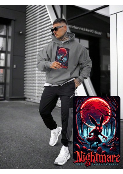 Kadın, Erkek Sweatshirt Oversize Nightmare Eerie Baskılı Kalın Gri Sevgili Sweatshirt