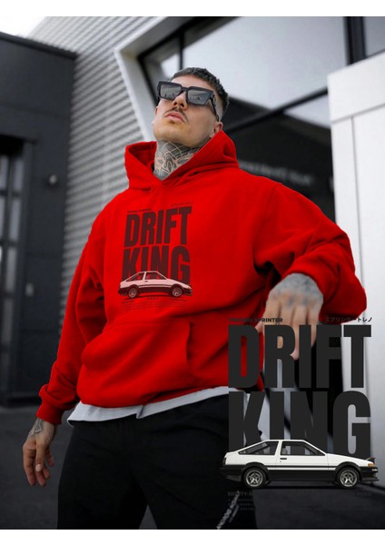 Kadın, Erkek Sweatshirt Oversize Drift King Baskılı Kalın Kırmızı Sevgili Sweatshirt