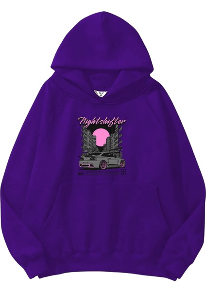 Kadın, Erkek Sweatshirt Oversize Nightshifter Baskılı Kalın Mor Sevgili Sweatshirt