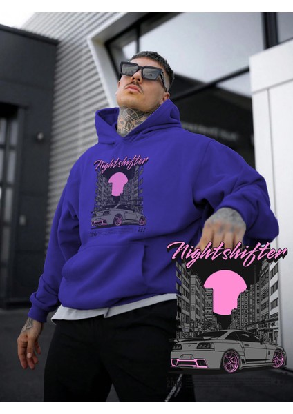 Kadın, Erkek Sweatshirt Oversize Nightshifter Baskılı Kalın Mor Sevgili Sweatshirt