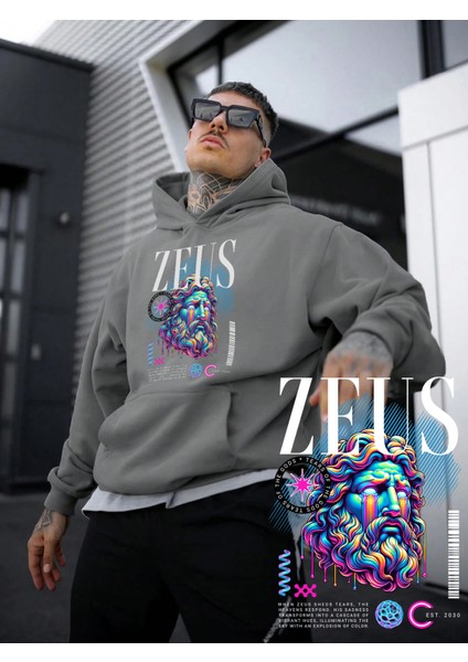 Kadın, Erkek Sweatshirt Psychedelic Zeus Tears Yunan Tanrı Baskılı Kalın Gri Sevgili Sweatshirt