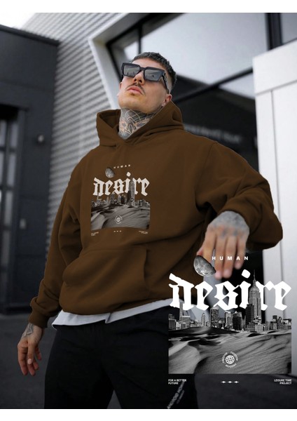 Kadın, Erkek Sweatshirt Oversize Human Desire Baskılı Kalın Kahverengi Sevgili Sweatshirt