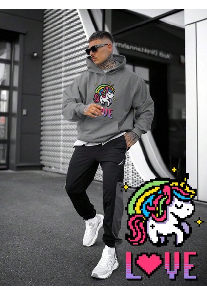 Kadın, Erkek Sweatshirt Unicorn Cute Love Rainbow Pixel Art Baskılı Kalın Gri Sevgili Sweatshirt