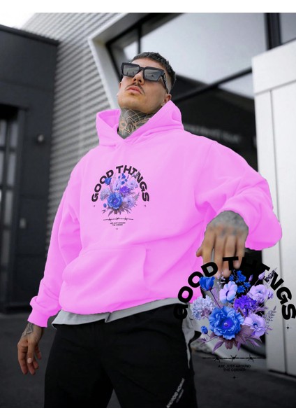 Kadın, Erkek Sweatshirt Oversize Good Things Baskılı Kalın Pembe Sevgili Sweatshirt