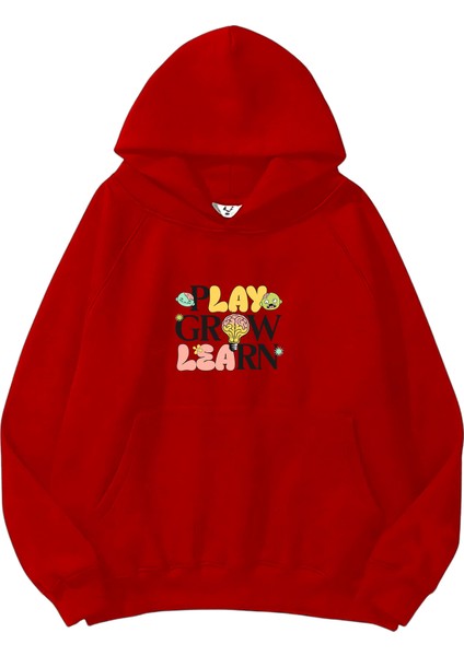 Kadın, Erkek Sweatshirt Oversize Play Grow Learn Kids S Baskılı Kalın Kırmızı Sevgili Sweatshirt