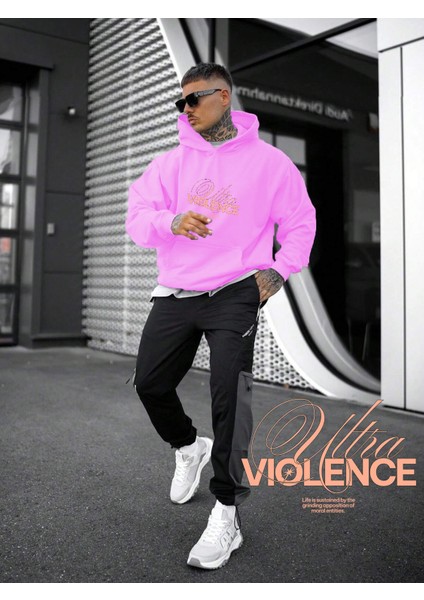 Kadın, Erkek Sweatshirt Ultra Violence Minimalist Typography Baskılı Kalın Pembe Sevgili Sweatshirt