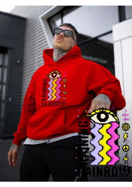 Kadın, Erkek Sweatshirt Gökkuşağı Göz Colorful Pixel Baskılı Kalın Kırmızı Sevgili Sweatshirt