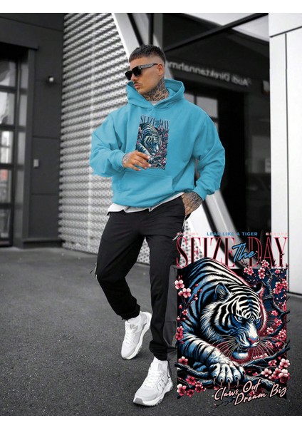 Mavi Sweatshirt Tiger Leap Baskılı Kalın Bebemavisi Sevgili Sweatshirt