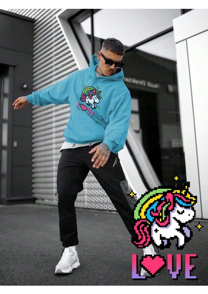 Mavi Sweatshirt Unicorn Cute Love Rainbow Pixel Art Baskılı Kalın Bebemavisi Sevgili Sweatshirt