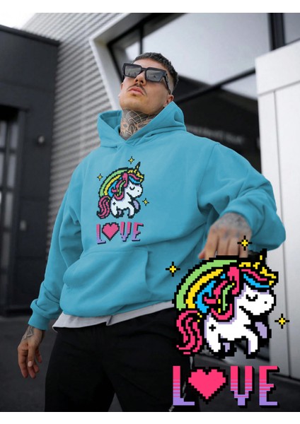 Mavi Sweatshirt Unicorn Cute Love Rainbow Pixel Art Baskılı Kalın Bebemavisi Sevgili Sweatshirt