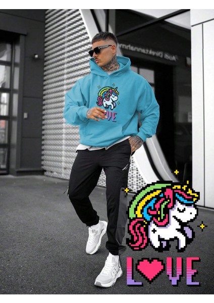 Mavi Sweatshirt Unicorn Cute Love Rainbow Pixel Art Baskılı Kalın Bebemavisi Sevgili Sweatshirt