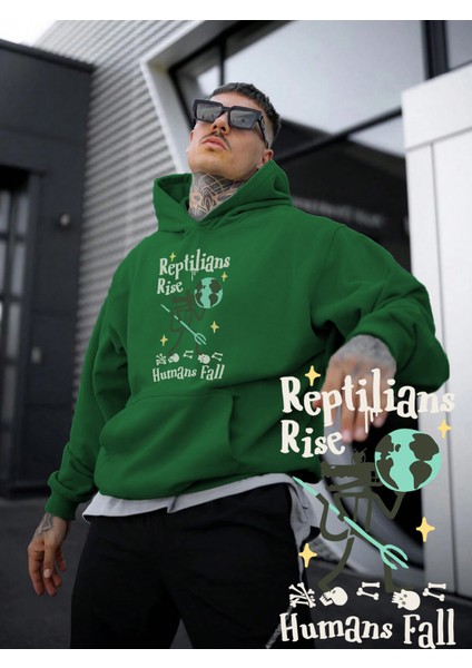 Kadın, Erkek Sweatshirt Oversize Reptilians Rise Baskılı Kalın Yeşil Sevgili Sweatshirt