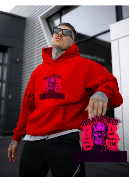 Kadın, Erkek Sweatshirt Oversize The Wretched Frankenstein Baskılı Kalın Kırmızı Sevgili Sweatshirt