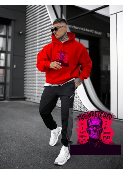 Kadın, Erkek Sweatshirt Oversize The Wretched Frankenstein Baskılı Kalın Kırmızı Sevgili Sweatshirt