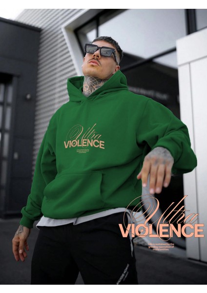 Kadın, Erkek Sweatshirt Ultra Violence Minimalist Typography Baskılı Kalın Yeşil Sevgili Sweatshirt