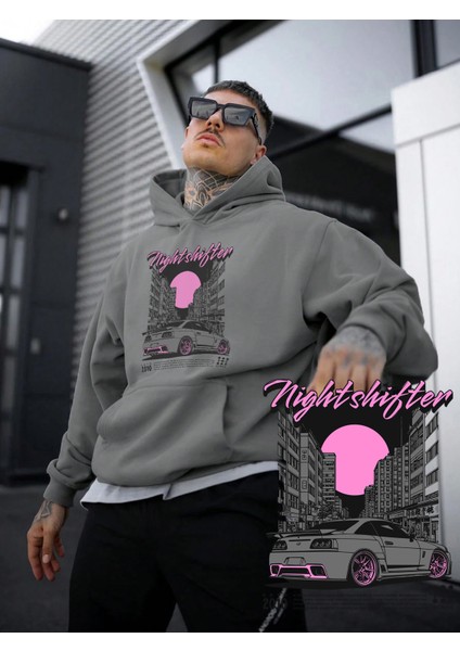 Kadın, Erkek Sweatshirt Oversize Nightshifter Baskılı Kalın Gri Sevgili Sweatshirt